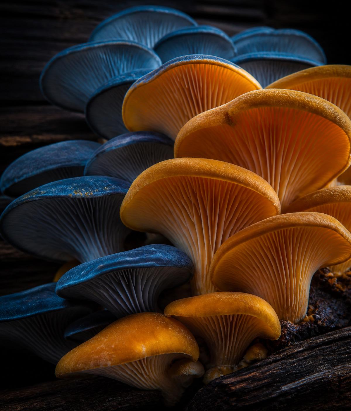 Blue & Golden Oyster mushrooms — restaurant-grade gourmet variety from Viking Ranch